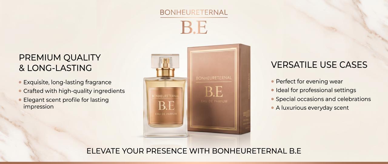BONHEURETERNAL B.E Eau de Parfum bottle and presentation box on marble; highlights premium quality, long-lasting scent, and versatile wear from evening to everyday.