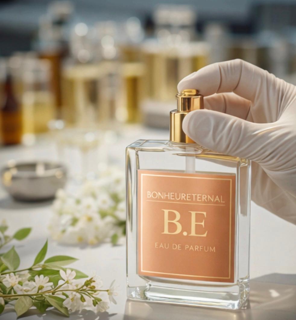 A gloved hand reaching for a BONHEURETERNAL flacon amid apothecary bottles and fresh jasmine — the BONHEURETERNAL atelier