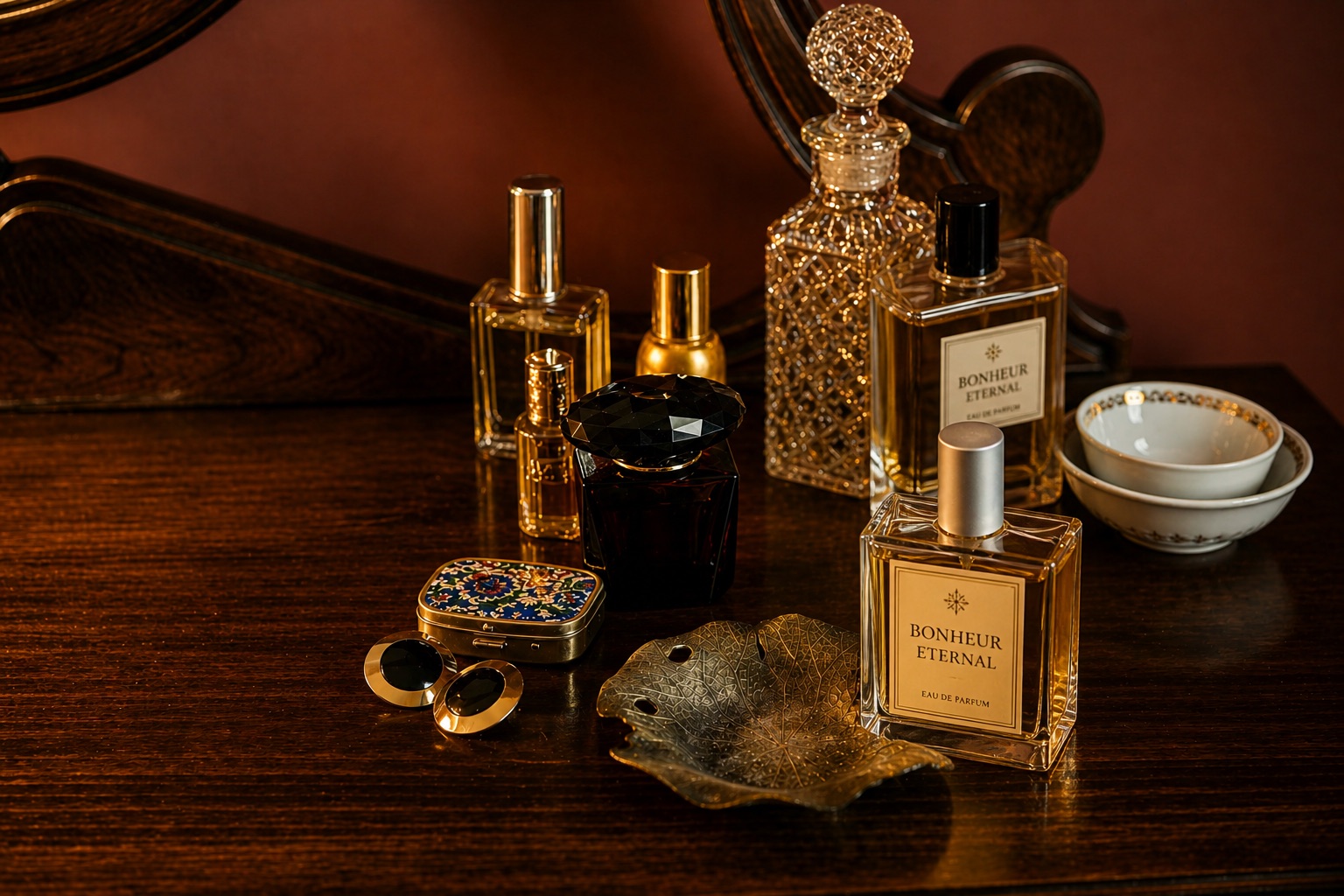 The BONHEURETERNAL collection — perfume bottles arranged on a warm wood vanity, lit in low golden light