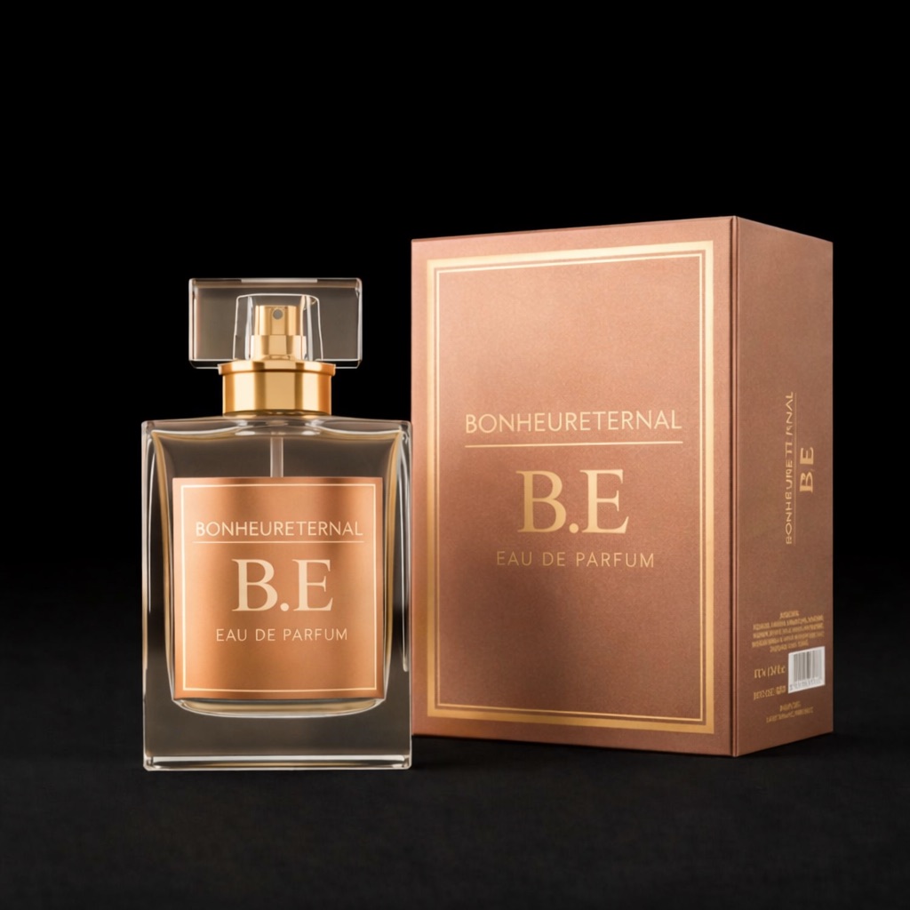 BONHEURETERNAL Essence Box — bottle beside gold-bordered presentation box